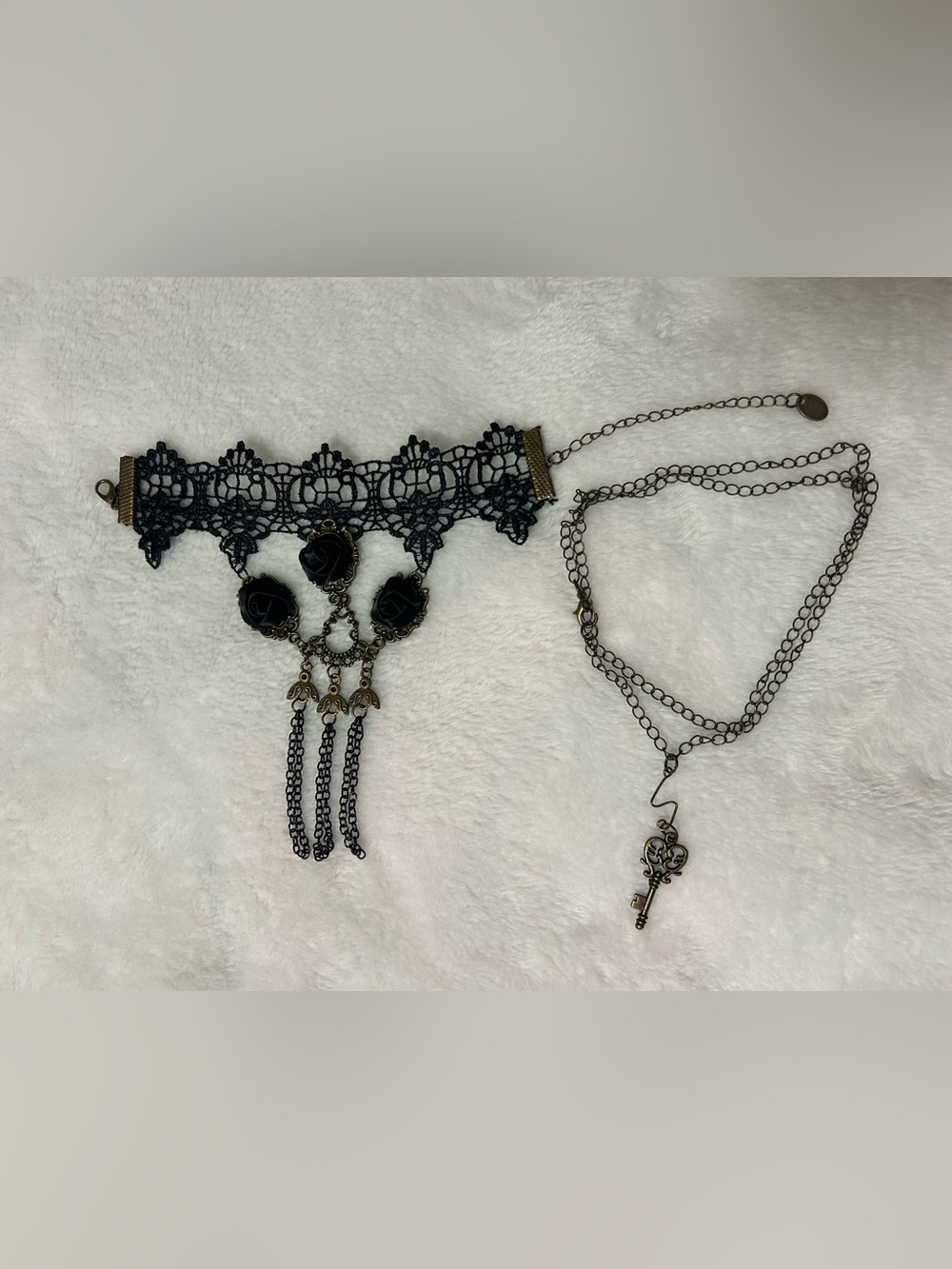 Black Rose Floral Bracelet w/Key Necklace